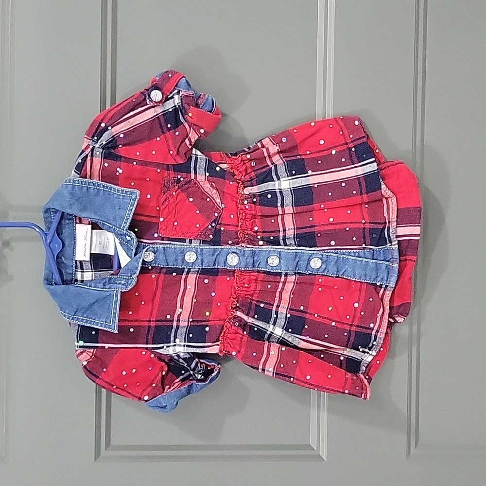 Little Lass red blue and jean button up dress 2T